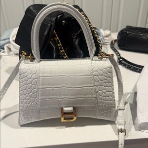 Balenciaga White Croc-Embossed Top-Handle Bag with Gold 'B' Accent